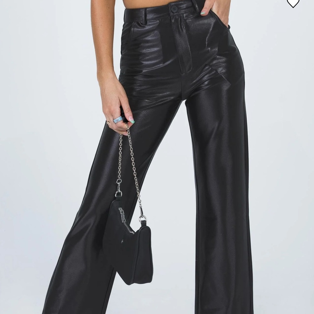 Princess Polly Martha Shiny Suit Pants Black - Black Satin Pants